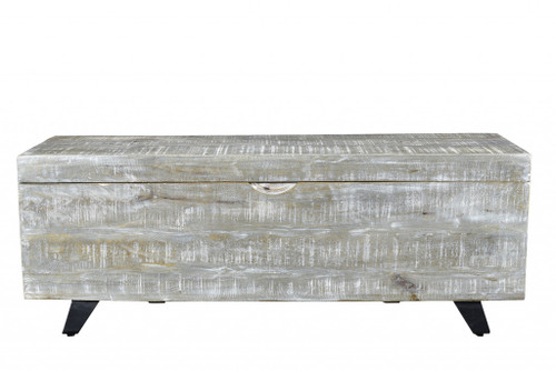 Homeroots Living Room 46" Whitewash Gray and Black Solid Wood Entryway Bench with Flip Top
