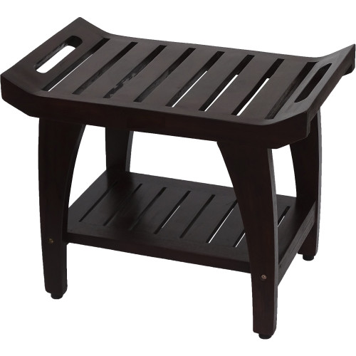 homeroots outdoor Contemporary Teak Shower Bench with Shelf and Handles, Brown Finish
