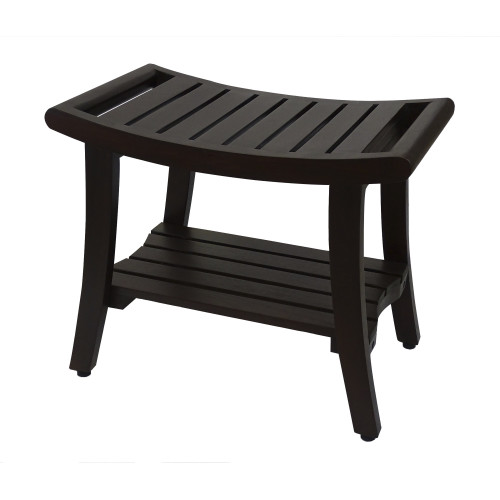 Homeroots Outdoor Contemporary Teak Shower Bench with Shelf and Handles Brown Finish