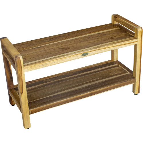 homeroots outdoor Rectangular Teak Shower Bench with Handles, Natural Finish