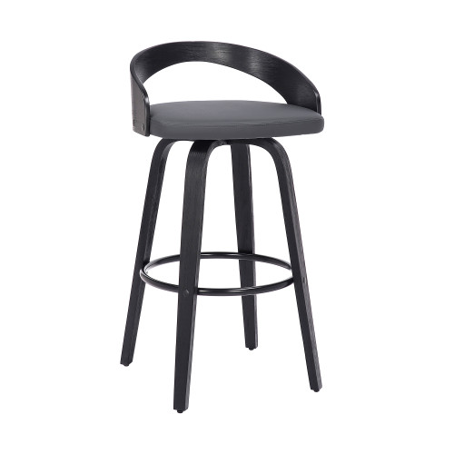 Homeroots Living Room 35" Gray Faux Leather and Iron Swivel Low Back Bar Height Chair, Gray