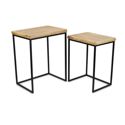 Homeroots Living Room Set of Two 25" Black and Brown Solid Wood and Steel Nested Rectangular Tables