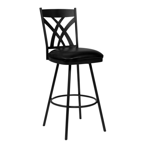 Homeroots Living Room 26" Stylish Black Faux Leather Black Metal Lattice Back Swivel Bar Stool