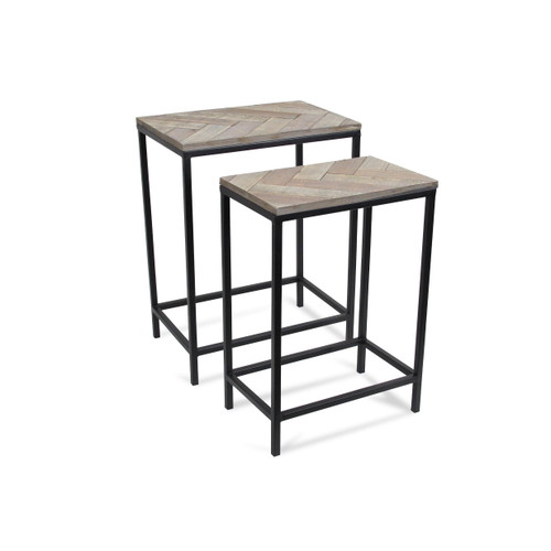 Homeroots Living Room Set of Two 24" Black and Brown Solid Wood and Steel Nested Tables