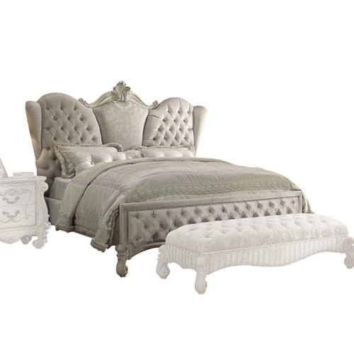 Ivory and White Solid Wood And Tufted Velvet Bed Frame With Nailhead Trim Polyresin, Velvet