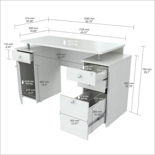 homeroots office White Finish Wood Computer Desk With Four Drawers, White Finish