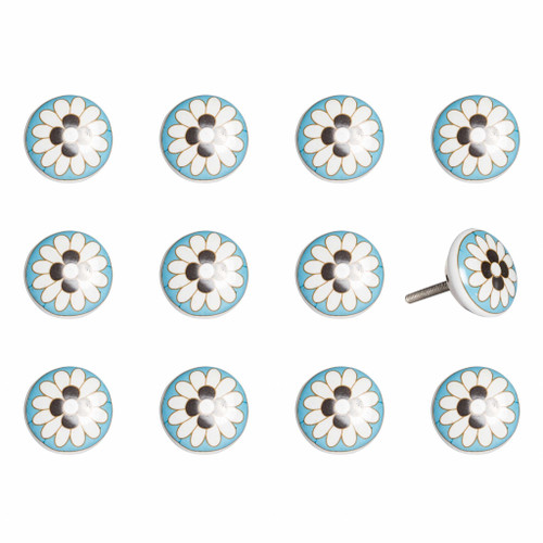 Set of Twelve Sky Blue And White Floral Ceramic Drawer Pull Knobs