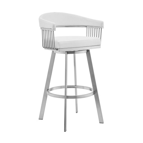 Homeroots Living Room 26" Mod White Faux Leather Brushed Silver Finish Swivel Bar Stool
