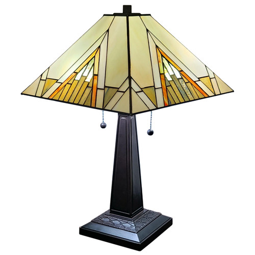 Homeroots Lighting 23" Stained Glass Pyramid Style Two Light Mission Style Table Lamp, Tiffany Style, Double Pull Chains
