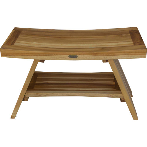 Homeroots Outdoor Rectangular Teak Shower Stool with Shelf, Natural Finish