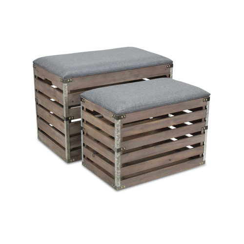 Homeroots Living Room Set of 2 Rectangular Gray Linen Fabric and Wood Slats Storage Benches, Gray, Set of 2