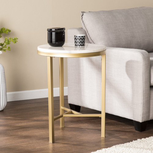 Homeroots Living Room 24" Champagne Genuine Marble Look And Iron Rectangular End Table, Champagne Finish, Rectangular Shape