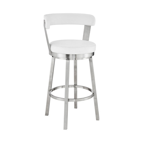 Homeroots Living Room 26" Chic White Faux Leather Swivel Bar Stool, White, Stainless Steel Finish
