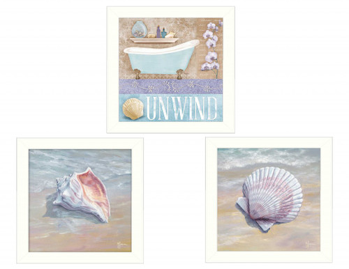 Homeroots Home Decor Set Of Three Shells II White Framed Print Bathroom Wall Art, White, Framed