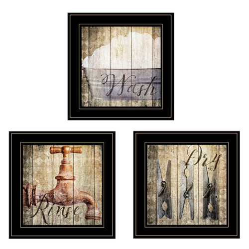 Homeroots Home Decor Set Of Three Wash 2 Black Framed Print Bathroom Wall Art, Black, 15 x 15 Inches