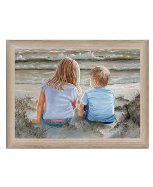 Boy and Girl Sitting in Dunes Brown Framed Print Wall Art