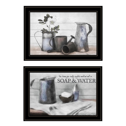 Homeroots Home Decor Set Of Two Soap Or Floral 2 Black Framed Print Bathroom Wall Art, Black, Framed