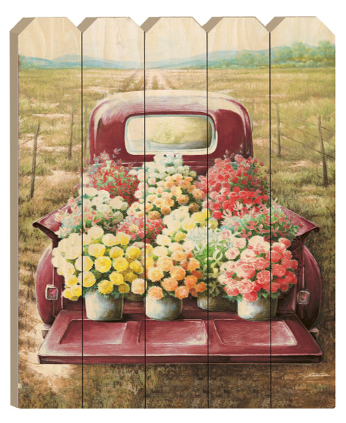 Pretty Red Truck Flowers for Sale Unframed Picket Fence Wall Art