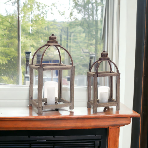 Homeroots Home Decor Set Of Two in Gray Flameless Floor Lantern Candle Holder