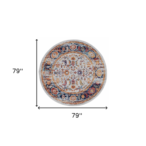6' Ivory And Orange Floral Round Rug