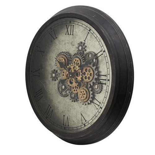 Homeroots Home Decor 28" Circle Analog Exposed Gear Wall Clock, Black and Gray