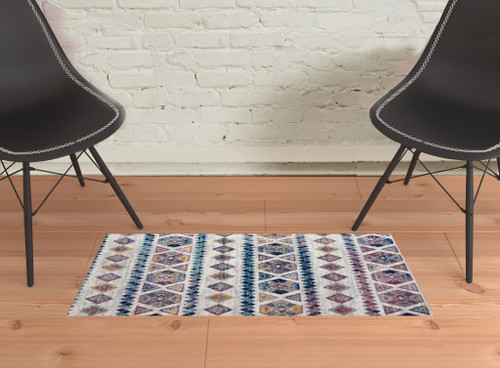 2' X 3' Ivory Blue and Orange Geometric Power Loom Area Rug