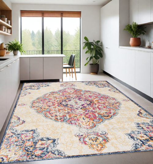 9' X 13' Cream Decorative Medallion Area Rug