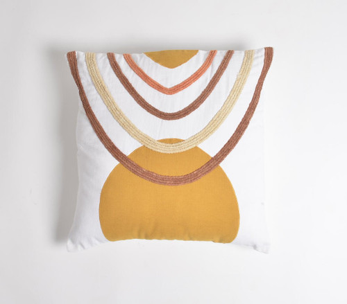 Homeroots Home Decor 18 X 18 Inches White and Gold Boho Cotton Pillow Cover with Embroidery