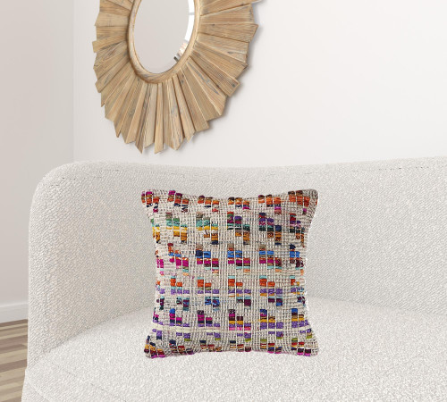 Homeroots Home Decor 20 X 20 Inches Beige Red Green Blue Yellow Orange and Pink 100% Cotton Geometric Zippered Pillow