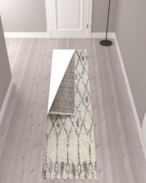 10' Gray And Ivory Geometric Shag Runner Rug