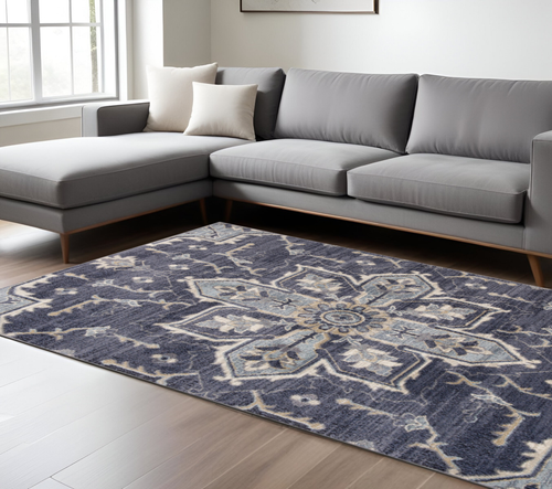 8' X 10' Ivory Gray And Blue Floral Medallion Area Rug