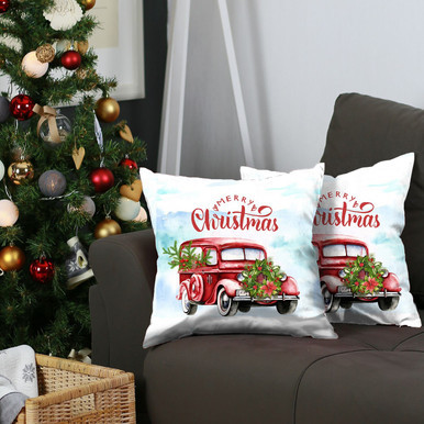 Homeroots Home Decor Set of 2 Merry Christmas Vintage Red Car Throw Pillows, 18x18 Inches, Set of 2