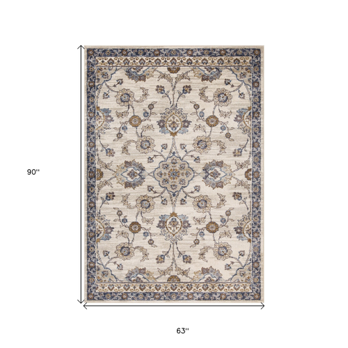 5' X 8' Ivory Charcoal And Blue Floral Area Rug
