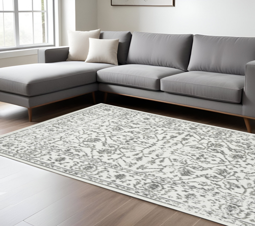 6' X 9' Ivory And Gray Floral Area Rug