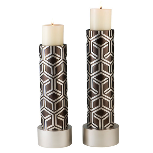 Homeroots Home Decor Set of Two Espresso and Silver Pillar Tabletop Candle Holders, Espresso and Silver Finish, Set of 2