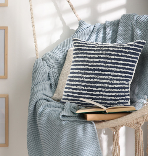 Homeroots Home Decor 20 X 20 Inches Ensign Blue and Cream 100% Cotton Striped Zippered Pillow