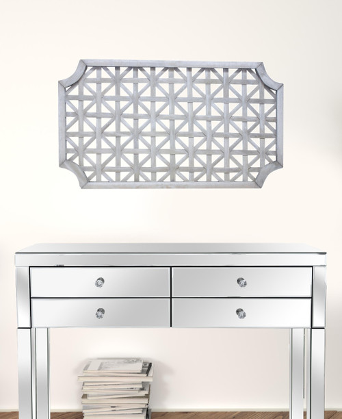 Set of Two Gray Geometric Lattice Wood Hanging Dimensional Sculptures