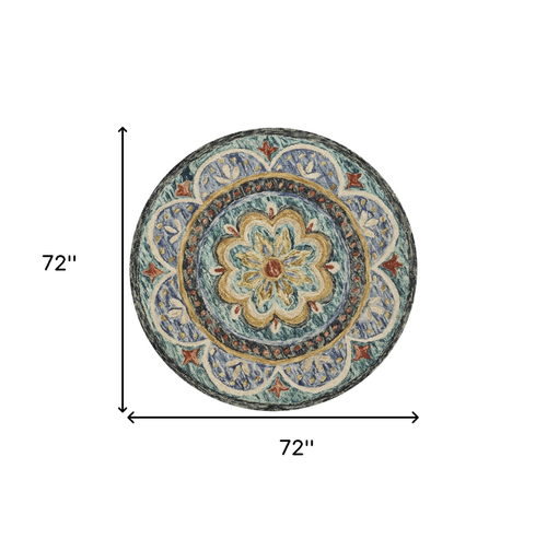6' X 6' Blue Round Wool Floral Hand Tufted Area Rug