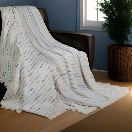 50" X 60" Cream Kantha Cotton Striped Throw Blanket with Embroidery Classic Design