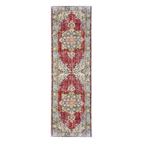 8' Ivory Red And Blue Medallion Runner Rug