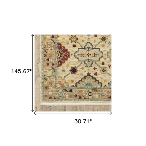12' Beige And Ivory Genuine Wool Oriental Runner Rug With Fringe