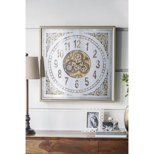 Homeroots Home Decor 32" Square Analog Exposed Gear Wall Clock, Gold and Silver