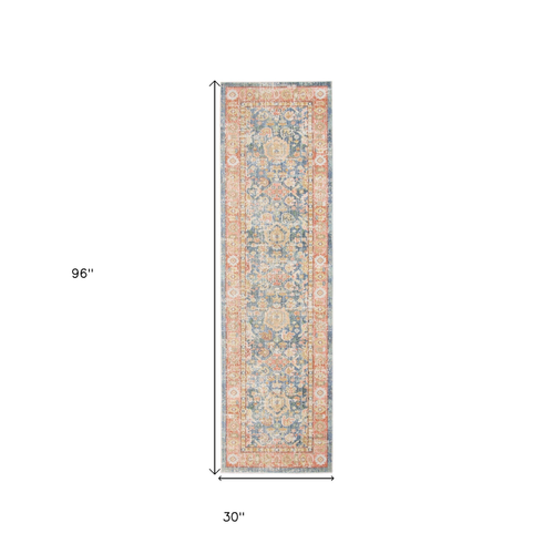 8' Coral And Blue Floral Runner Rug