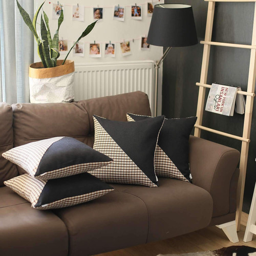 Set of Four 18" Brown Black and White Houndstooth Fabric Throw Pillows
