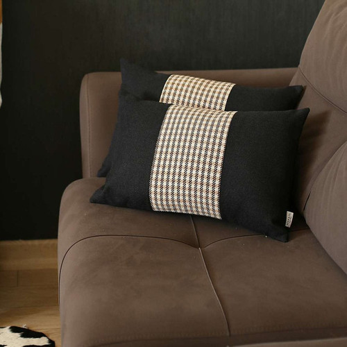 Set of Two 12" X 20" Black Brown and White Houndstooth Fabric Lumbar Throw Pillows