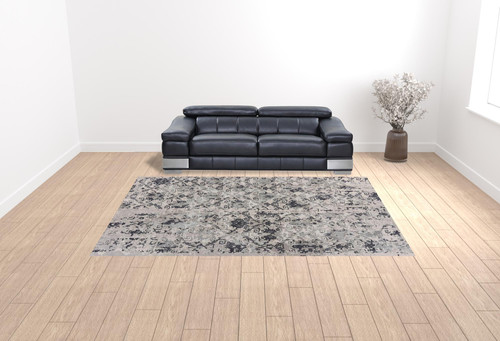 Homeroots Home Decor 10' x 13' Damask Stain Resistant Area Rug, Cream and Gray