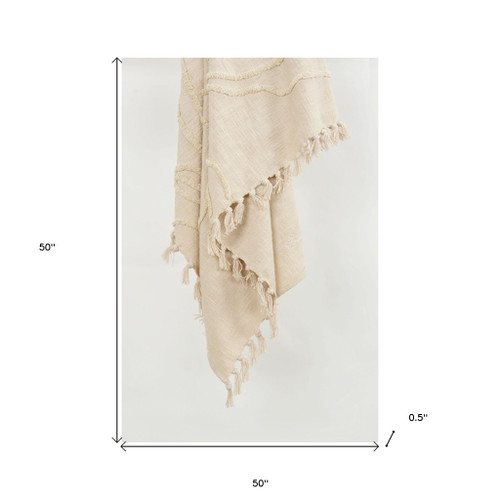 50" X 60" Natural Cotton Woven Floral Throw Blanket with Tassels and Fringe