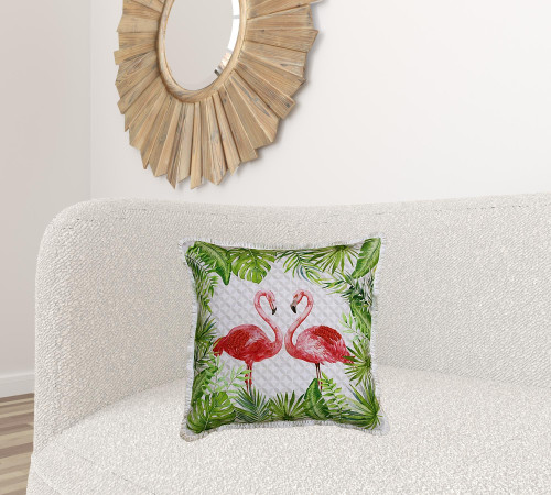 Homeroots Home Decor 20 X 20 Inches Coral Pink and Green Bird Polyester Animal Print Zippered Pillow