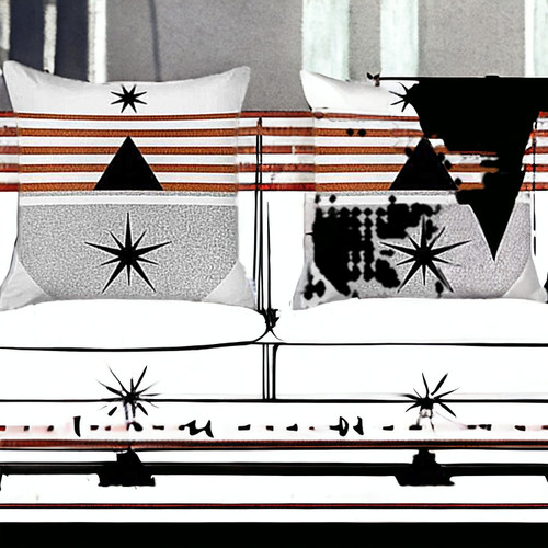 Set of Four 18" Ivory Gray and Red Geometric Fabric Throw Pillows