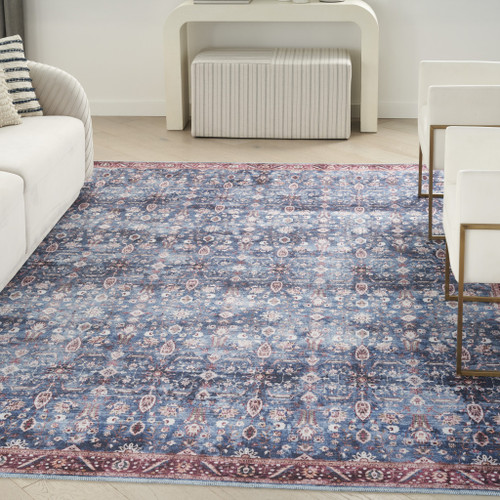 Homeroots Home Decor 8' x 10' Blue and Red Oriental Power Loom Distressed Washable Non Skid Area Rug
